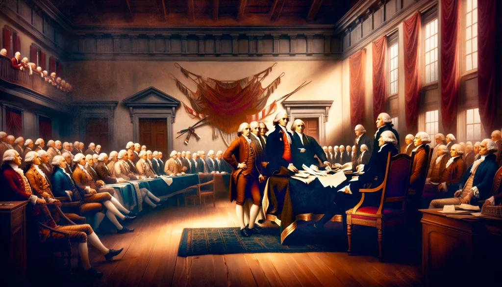 A vivid reenactment of the signing of the Declaration of Independence. The scene shows Founding Fathers engaged in intense discussion, wearing traditional 18th-century attire. The setting is a colonial assembly hall, with quills and parchment strewn about. The atmosphere is tense and hopeful, with a color scheme of deep reds, blues, and natural wood tones.